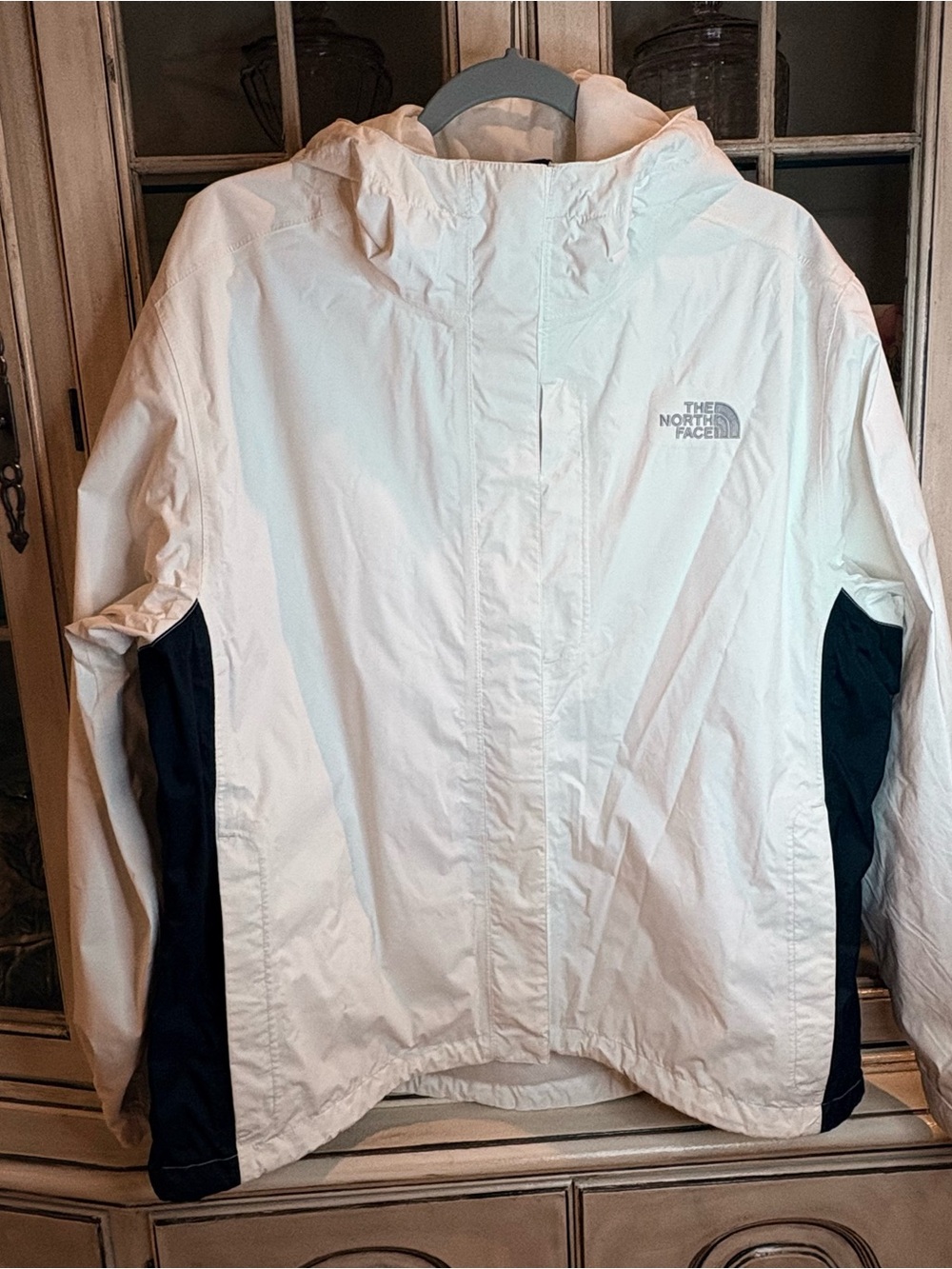 The North Face White and Black Hooded Rain Jacket